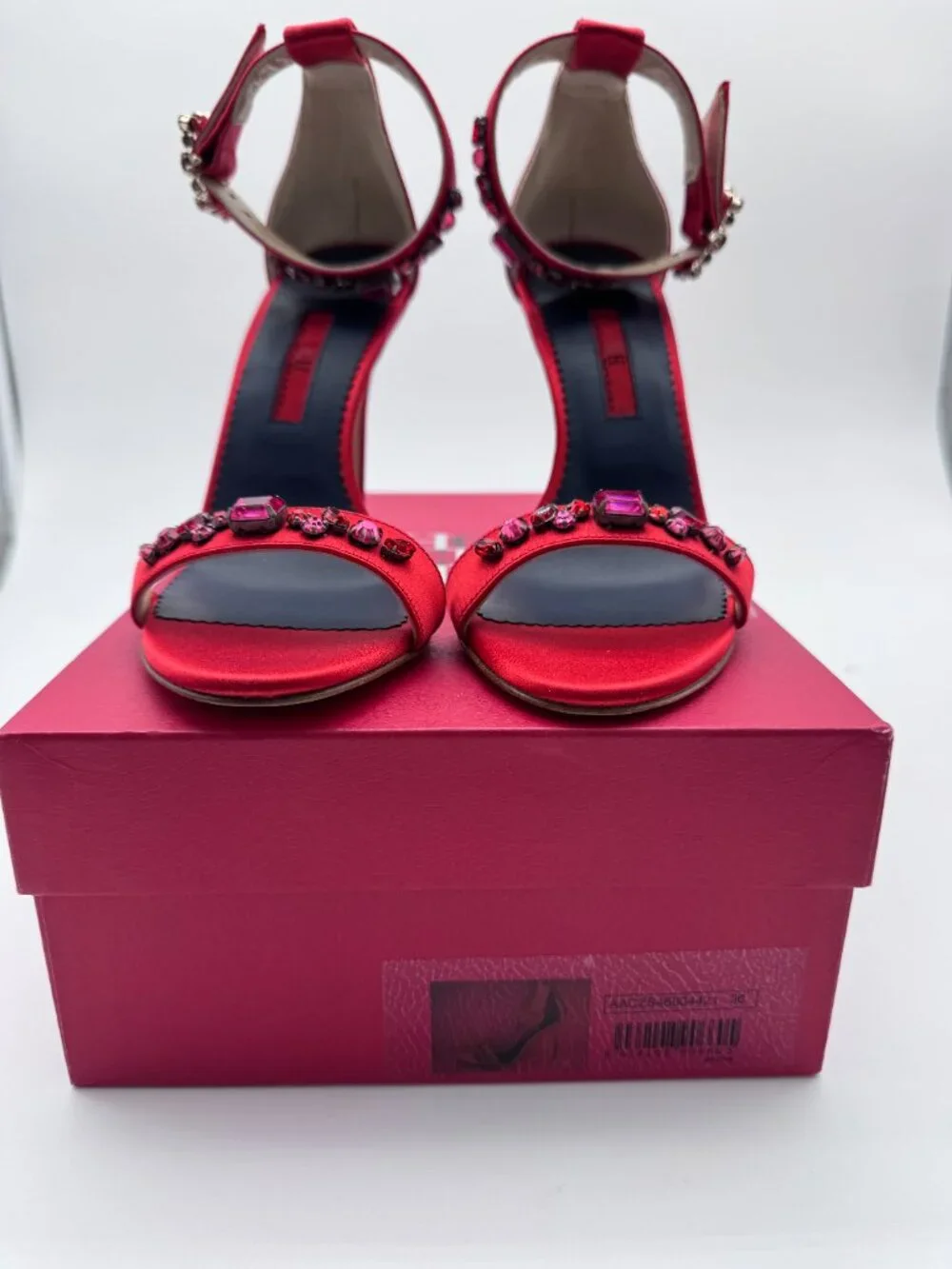 CH Carolina Herrera Red Satin Crystal Embellished Heels Size 36 Box